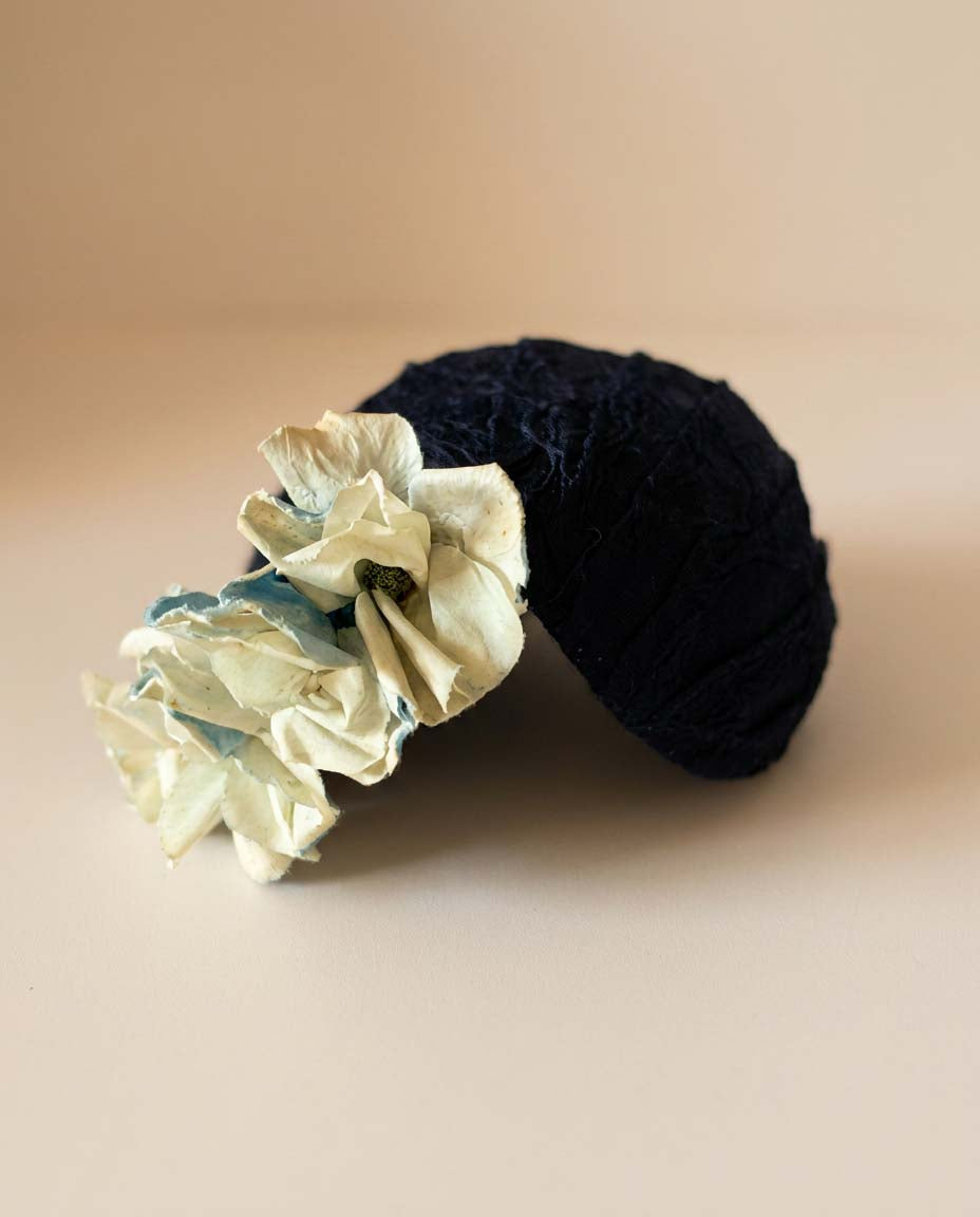 Vintage 1950s Navy Floral Cocktail Hat | Sculptural Blue Flower Fascinator | Mid Century Half Hat Millinery