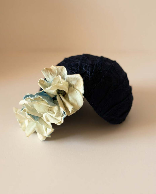 Vintage 1950s Navy Floral Cocktail Hat | Sculptural Blue Flower Fascinator | Mid Century Half Hat Millinery