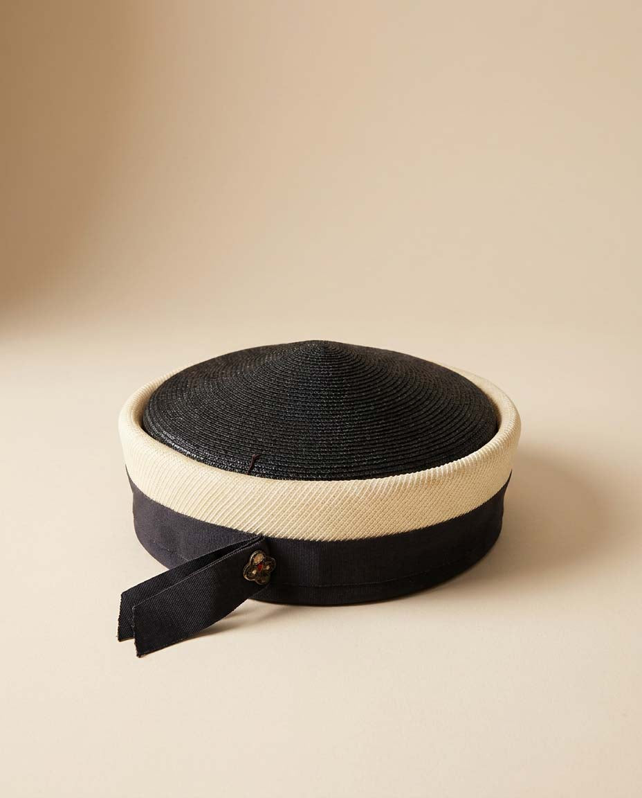 Vintage 1960s Navy and Ivory Pillbox Hat | Mod Breton Style Cocktail Hat | Jackie Kennedy Inspired Millinery