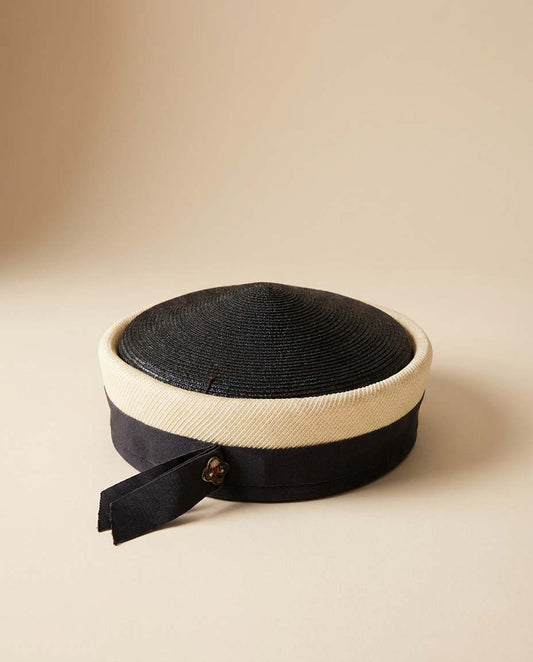 Vintage 1960s Navy and Ivory Pillbox Hat | Mod Breton Style Cocktail Hat | Jackie Kennedy Inspired Millinery