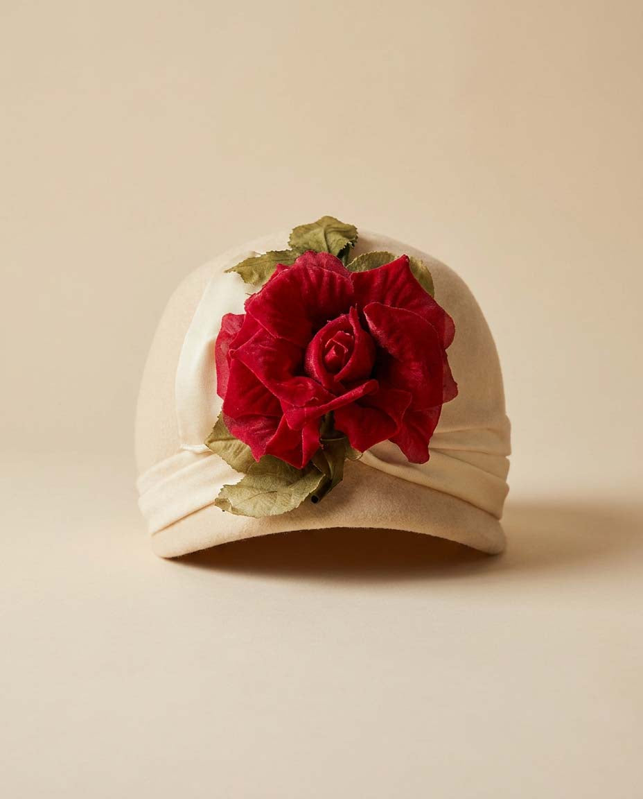 1960s Mr. Richard Ivory Wool Cloche Hat with Red Rose | Vintage Floral Mod Hat | Winter Garden Party Hat | Romantic Mid Century Millinery