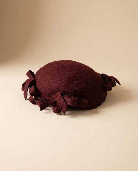 1950s Burgundy Felt Cocktail Hat | Vintage Bow Trim Fascinator | Sculptural Half Hat Tilt Cap