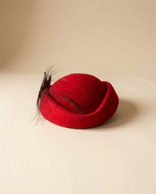 1960s Frank Olive Counter-Fit Red Felt Hat | Sculptural Mod Cocktail Hat | Feather Trim Vintage Pillbox