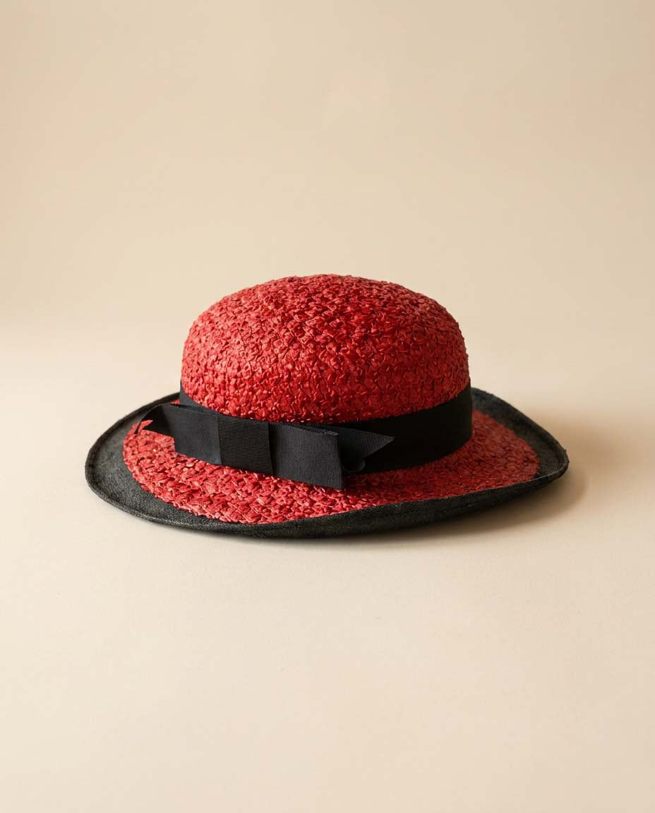 1950s Black Red Straw Hat | Paris New York Vintage Boater Hat | Black Ribbon Summer Millinery