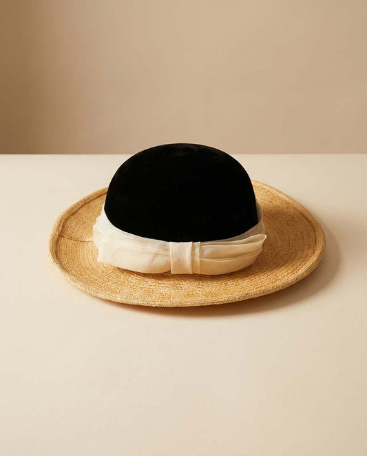 1950s Irene of New York Straw Hat | Black Velvet and Natural Straw Wide Brim Hat | Vintage Summer Millinery