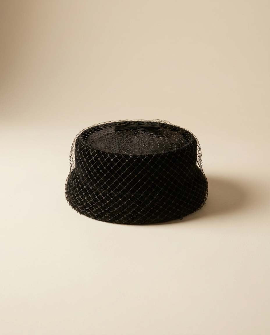 1950s Black Velvet Veiled Hat | Vintage Tilt Cocktail Hat | Mid Century Fascinator with Netting