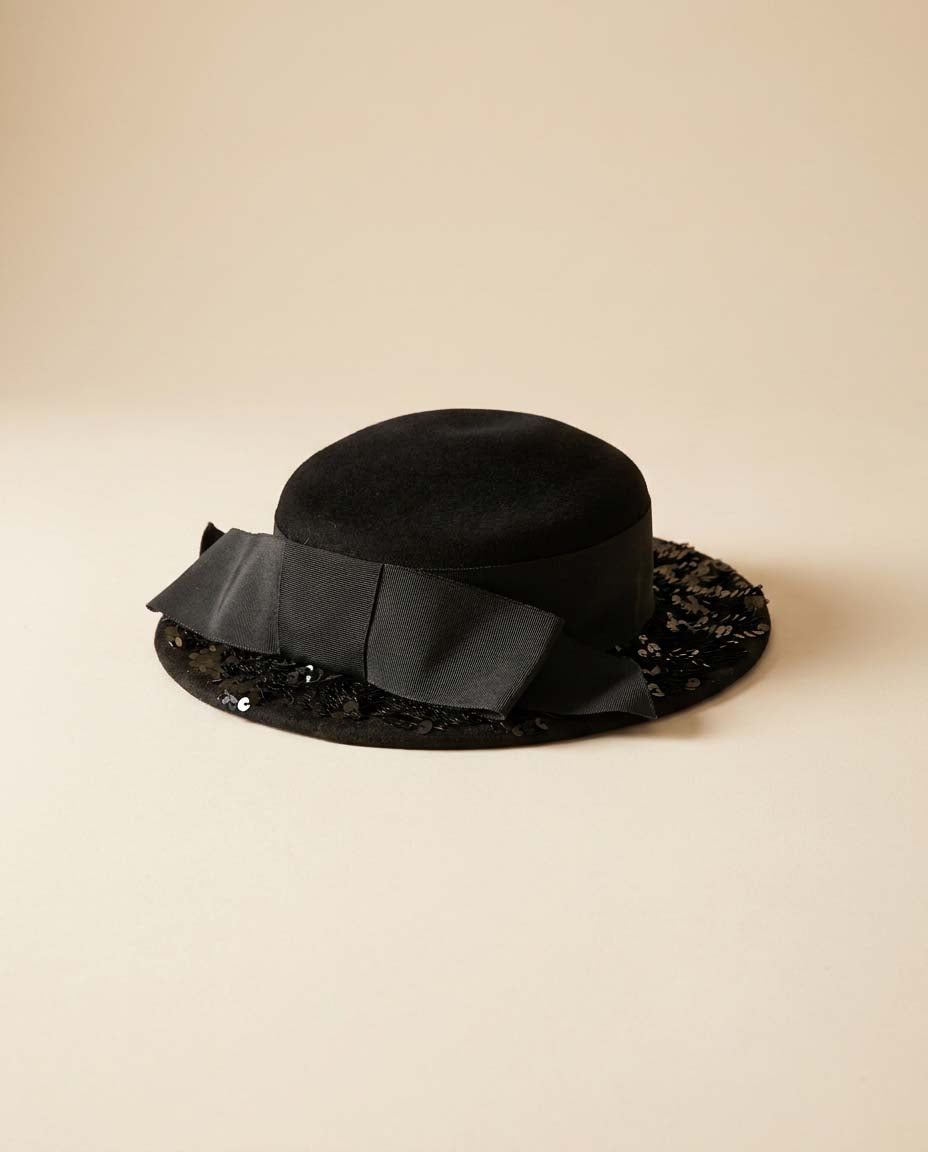 Vintage Black Sequined Cocktail Hat | Mr. John Classic Velvet Tilt Hat | 1950s Evening Fascinator