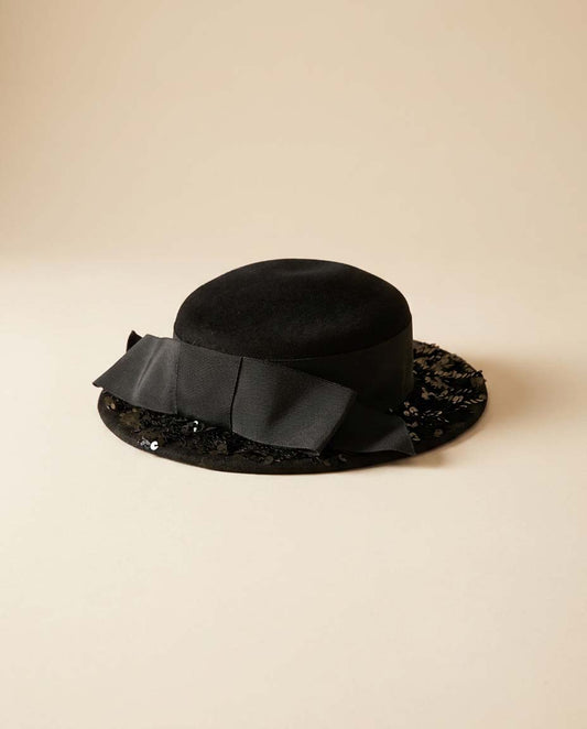 Vintage Black Sequined Cocktail Hat | Mr. John Classic Velvet Tilt Hat | 1950s Evening Fascinator
