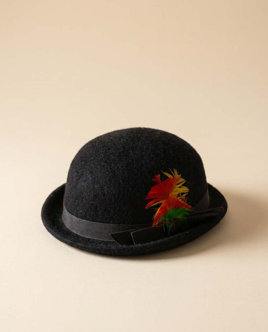 Vintage Navy Wool Bowler Hat | 1960s Mod Derby Hat with Colorful Feather Trim | Minimalist Felt Cloche | Mid Century Statement Hat