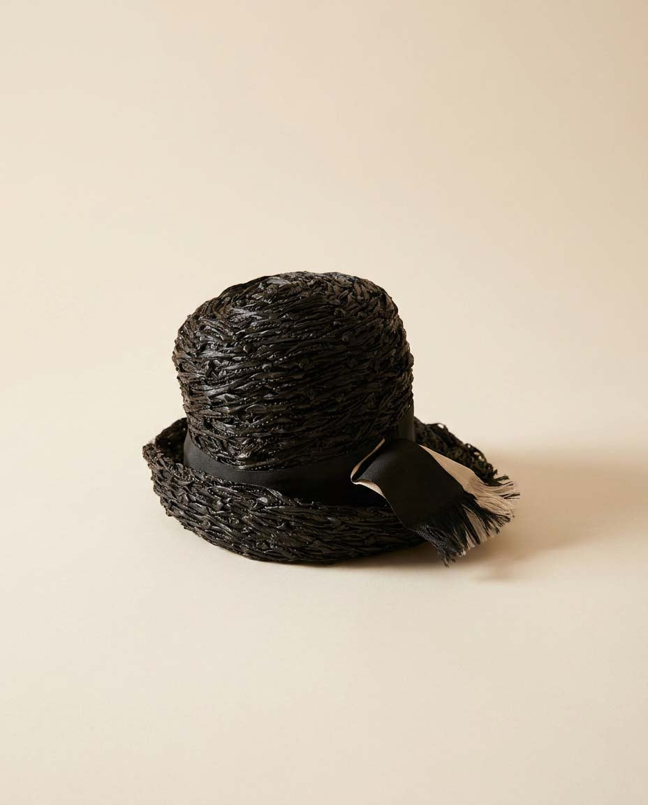 Vintage Schiaparelli Black Raffia Tilt Hat | 1950s Couture Cocktail Hat | Sculptural Italian Straw Fascinator