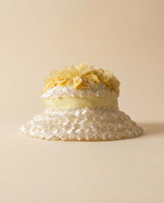 1950s Yellow Floral Ribbon Straw Hat | Vintage Garden Party Hat | Cottagecore Summer Hat | Romantic Easter &amp; Tea Party Hat