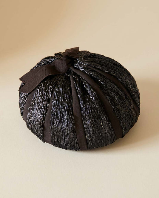 Vintage Dark Navy Raffia Cocktail Hat | Marshall Field & Company Structured Toque | 1950s Sculptural Straw Hat with Bow | Minimalist Mid Century Millinery