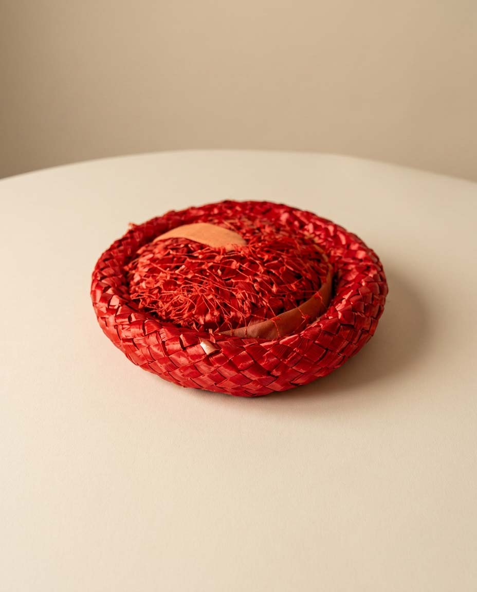 Vintage Red Raffia Tilt Hat | 1950s Scarlet Straw Cocktail Hat | Boater Fascinator | Mid Century Statement Hat