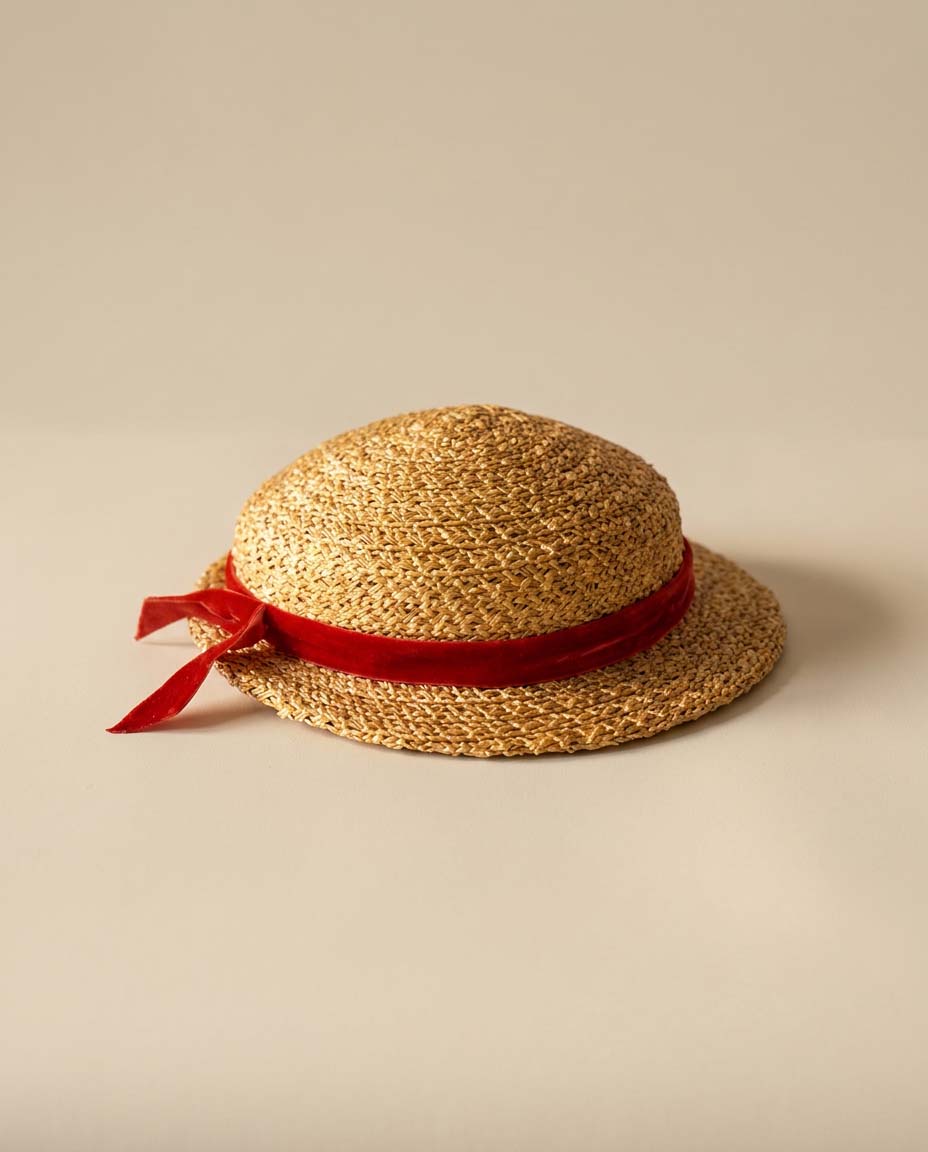 Vintage Straw Boater Hat | 1950s Raffia Breton Hat with Red Velvet Ribbon | French Riviera Summer Hat | Mid Century Straw Millinery