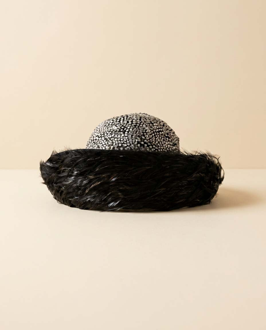 Vintage Jack McConnell Feather Hat | Black & White Guinea Feather Cocktail Hat | Rhinestone Trim Couture Millinery | Avant Garde Designer Fascinator