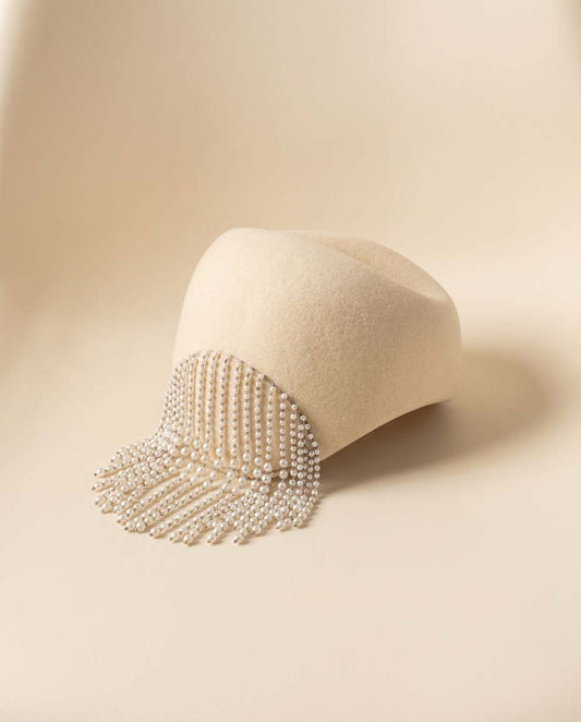 Vintage Ivory Felt Pillbox Hat | Pearl Fringe Cocktail Hat | 1960s Couture Inspired Bridal Fascinator | Elegant Winter Millinery