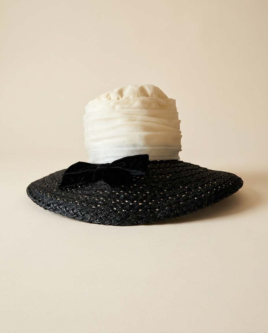 Vintage Black & Ivory Wide Brim Hat | Merli Modes Straw Hat | 1950s Inspired Cocktail Hat | Elegant Garden Party Millinery