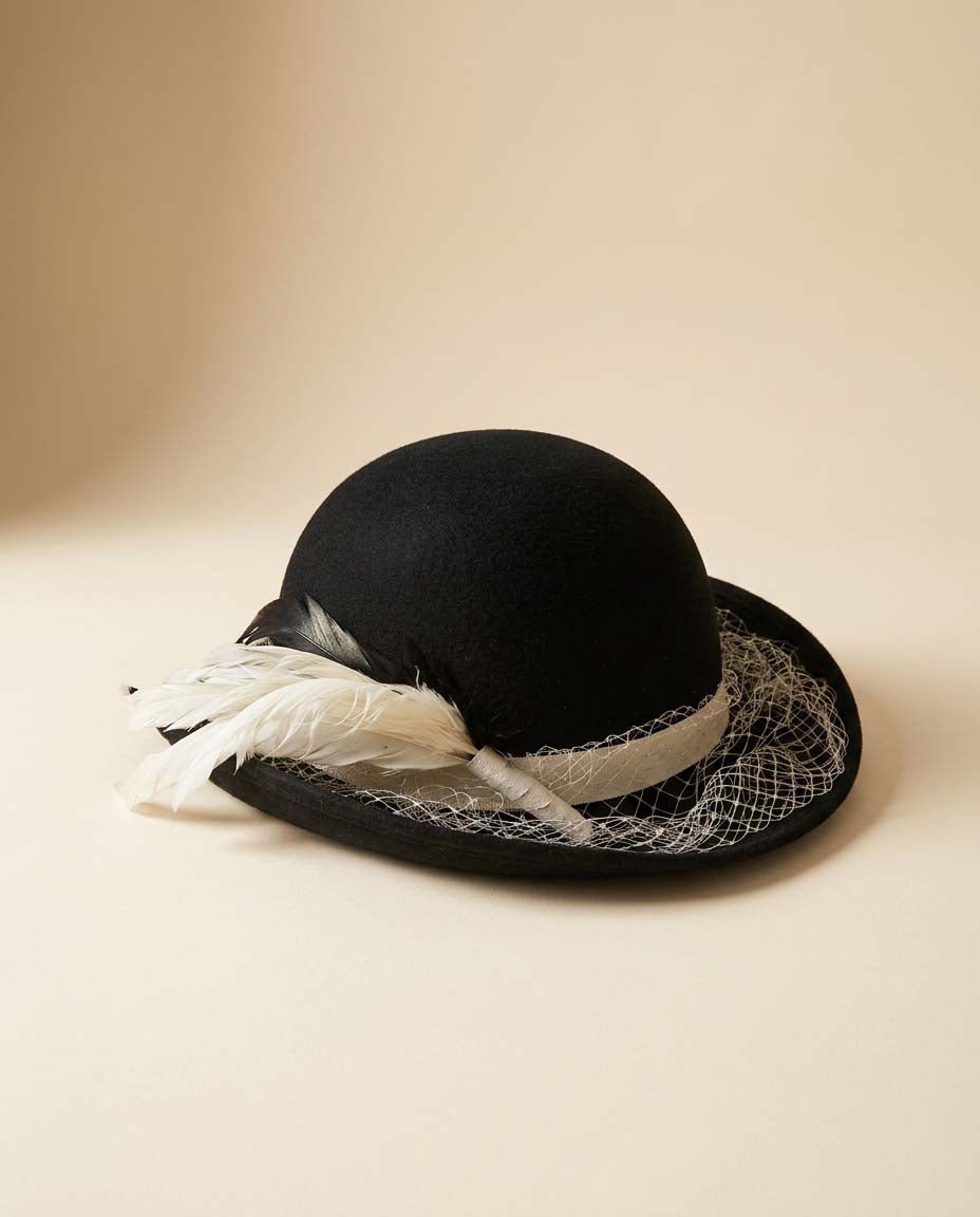 Vintage Michael Howard Black Wool Boho Hat | 1960s Mod Bowler Hat | Feather & Veil Cocktail Hat | Mid Century Millinery