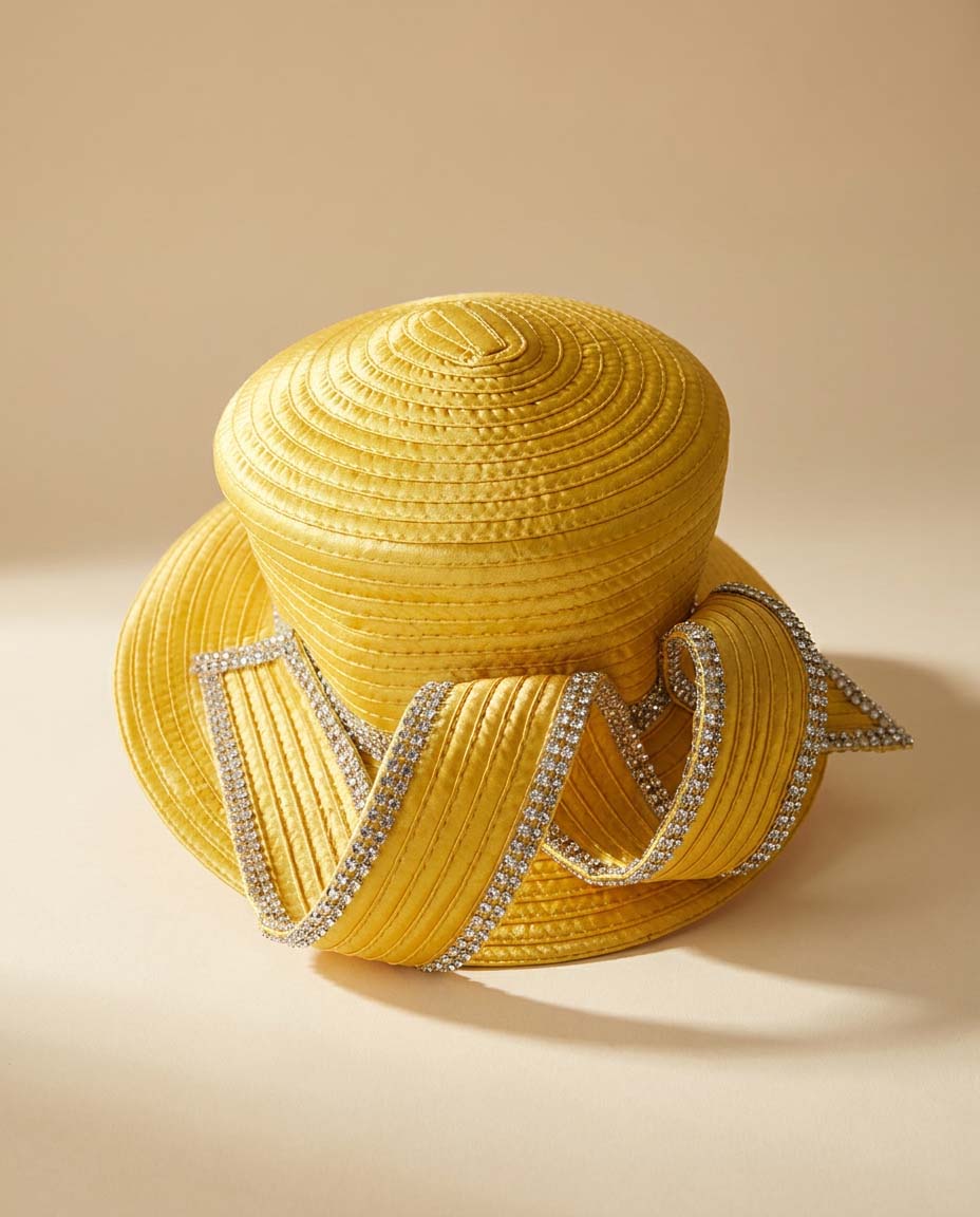 Vintage Gold Satin Ribbon Hat | Rhinestone Trim Couture Church Hat | Sculptural Statement Millinery | Glamorous Derby Hat