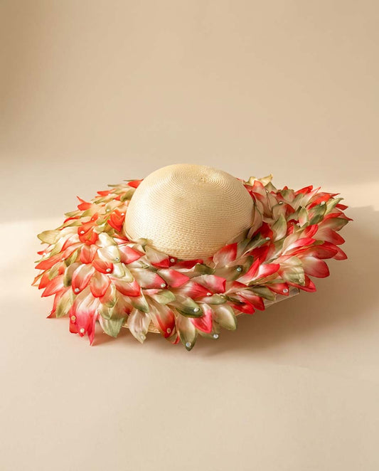 Vintage Floral Wide Brim Hat | Dramatic Flower Trim Sun Hat | 1960s Garden Party Statement Hat | Couture Derby Millinery