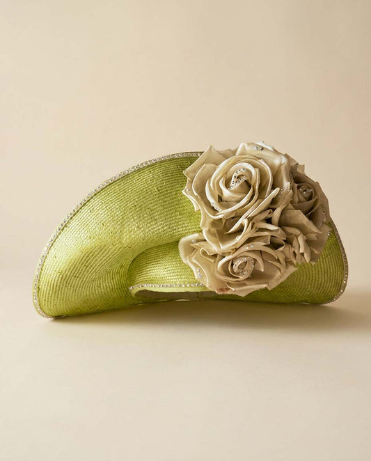 Vintage Jack McConnell Wide Brim Hat | Lime Green Floral Statement Hat | Couture Derby Hat | Rhinestone Rose Millinery