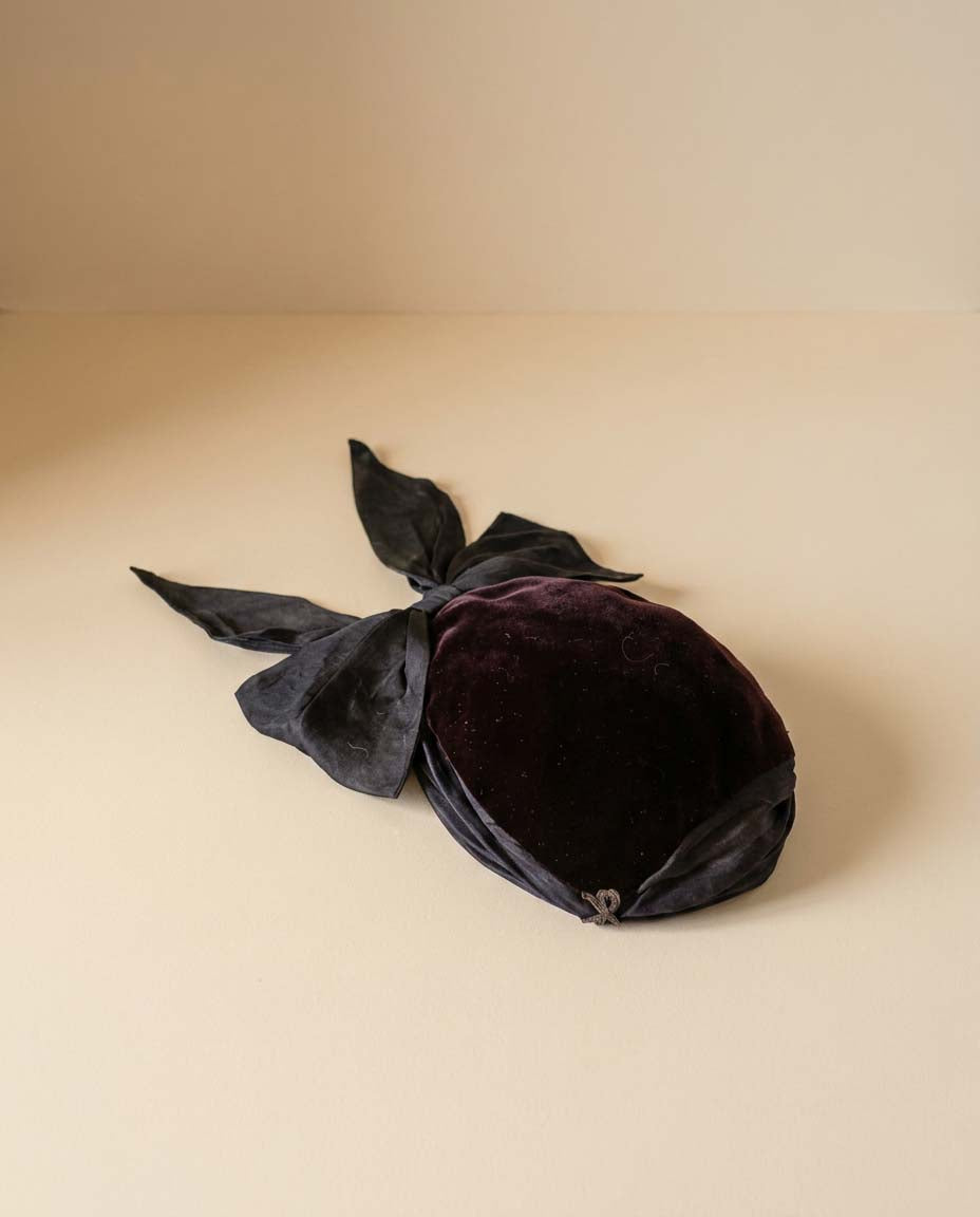 Vintage 1940s Beatrice Martin Velvet Cocktail Hat | Plum Velvet & Navy Sheer Draped Fascinator | WWII Era Millinery