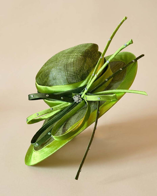 Vintage Lime Green Fascinator Hat | Sculptural Sinamay Cocktail Hat | Kentucky Derby Wedding Hat with Rhinestone Accents
