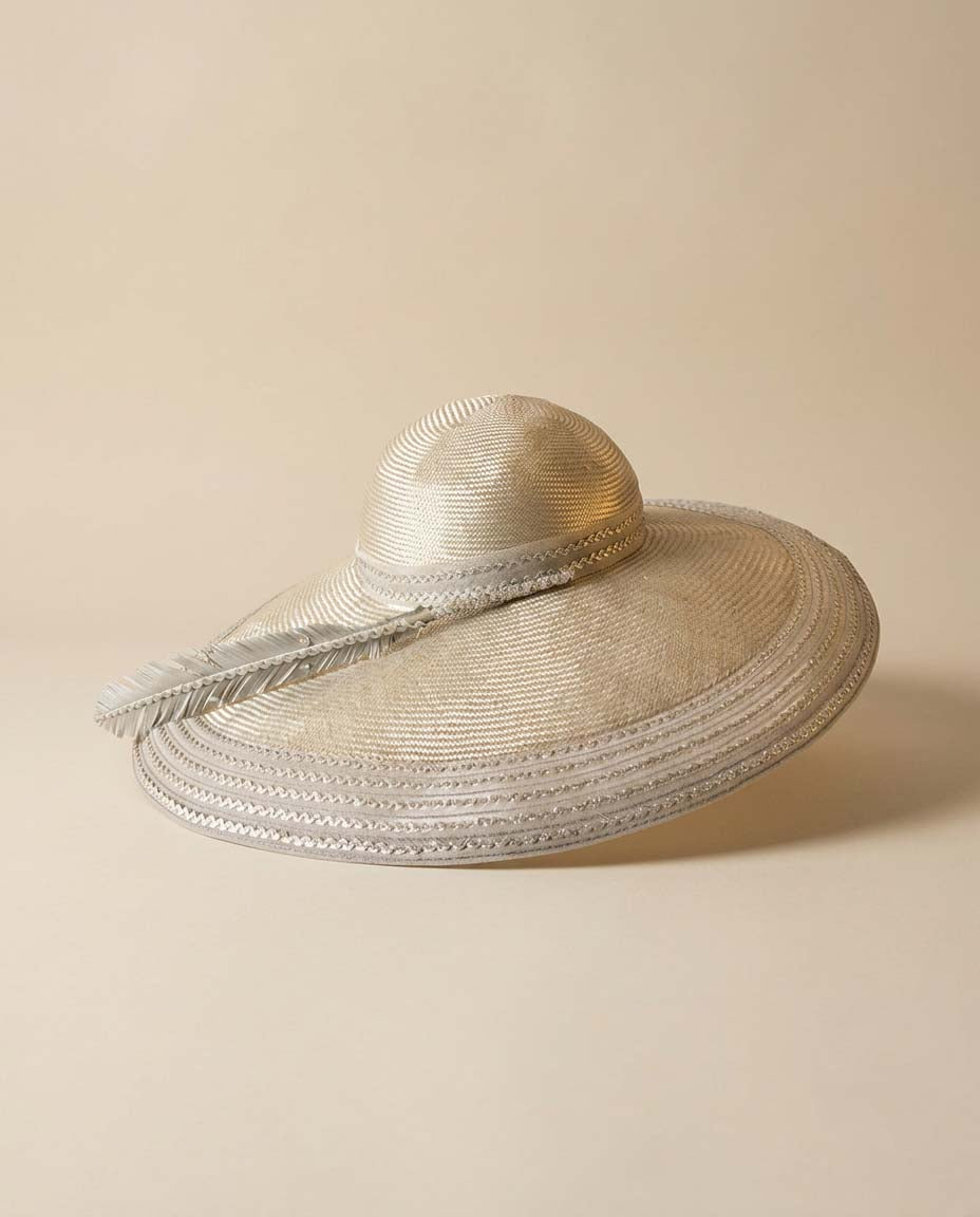 Vintage Mr. John Classic Silver Wide Brim Hat | Elegant Derby Hat | Church Hat with Feather Accent | Designer Millinery
