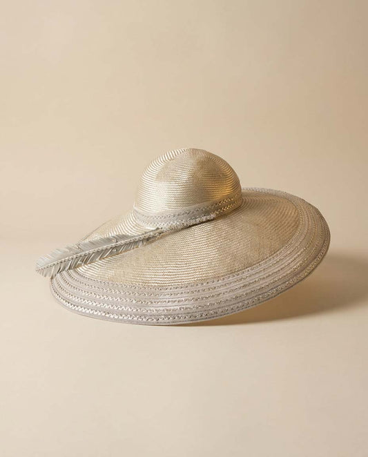 Vintage Mr. John Classic Silver Wide Brim Hat | Elegant Derby Hat | Church Hat with Feather Accent | Designer Millinery