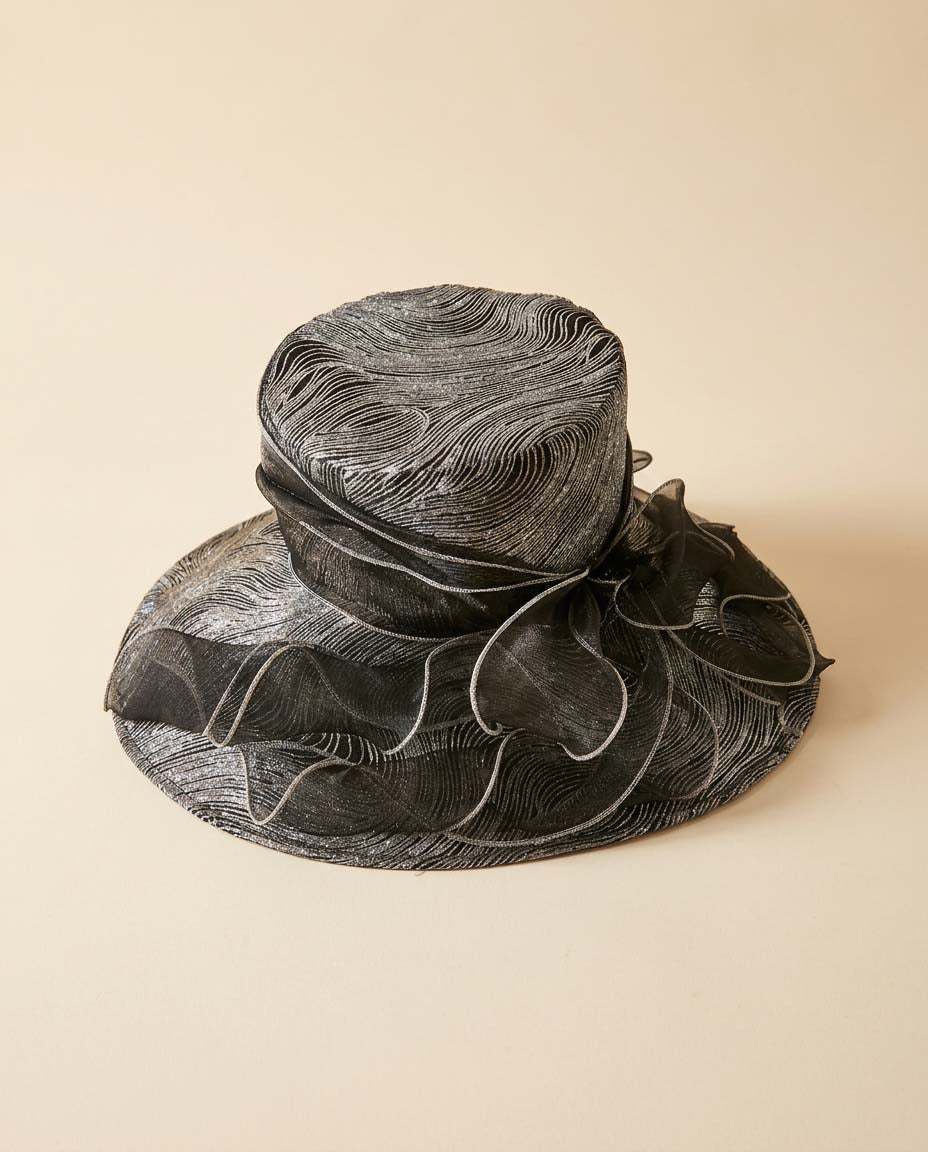 Vintage Black Silver Metallic Church Hat | Wide Brim Occasion Hat | Elegant Derby Hat with Dramatic Organza Ruffles