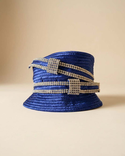 Vintage Royal Blue Rhinestone Bucket Hat | Electric Blue Church Hat | Statement Derby Hat with Crystal Buckle Trim
