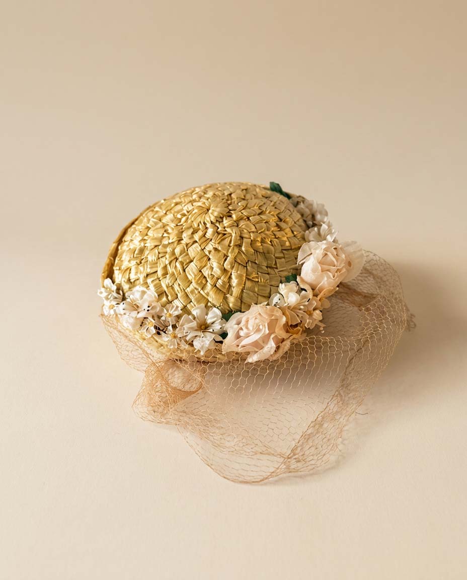 Vintage 1950s Straw Floral Veiled Cocktail Hat | Blush Rose Fascinator | Mid Century Garden Party Hat