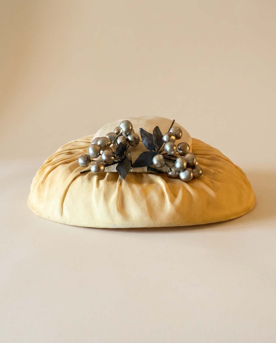 Vintage 1950s Ivory Silk Picture Hat | Wide Brim Formal Hat | Mid Century Occasion Hat with Silver Berry Trim