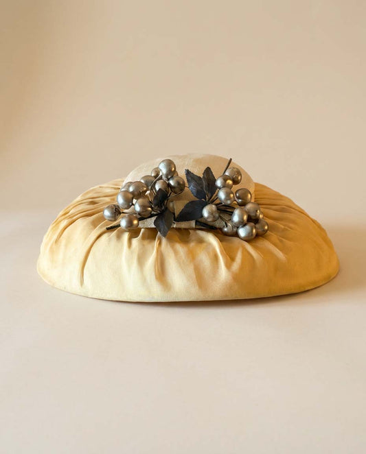 Vintage 1950s Ivory Silk Picture Hat | Wide Brim Formal Hat | Mid Century Occasion Hat with Silver Berry Trim