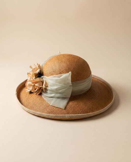 Vintage Nicoletta Italy Straw Sun Hat | Wide Brim Peach Straw Hat | Romantic Garden Party Hat with Floral Trim