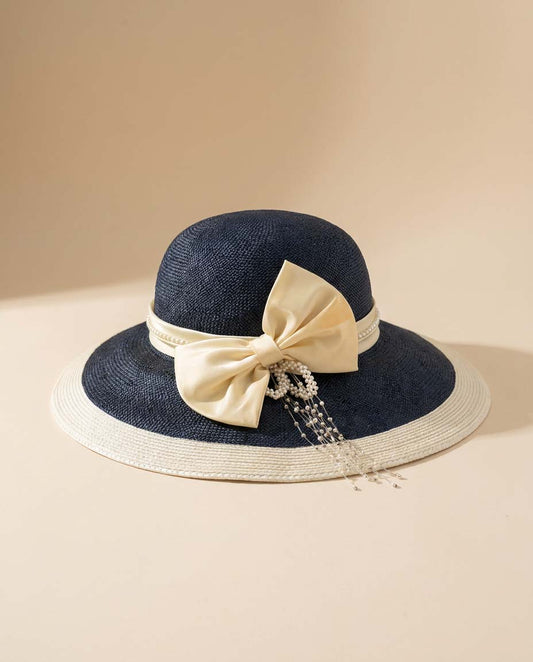 Vintage David M Navy & Ivory Straw Sun Hat | Wide Brim Resort Hat with Satin Bow & Pearl Accent | Elegant Summer Derby Hat