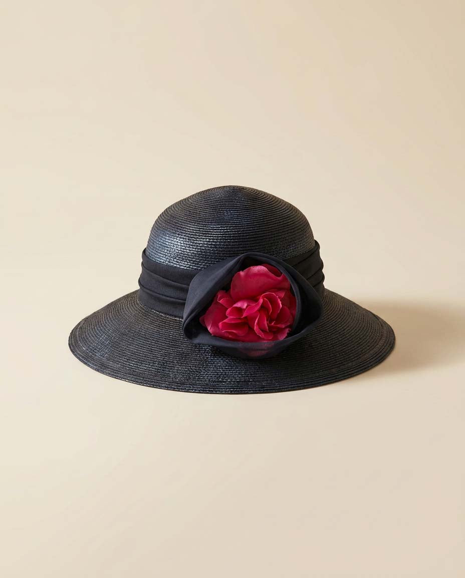 Vintage Sylvia New York Navy Blue Wide Brim Hat | Rose Trim Derby Hat | Elegant Garden Party Hat | Mother of the Bride Hat