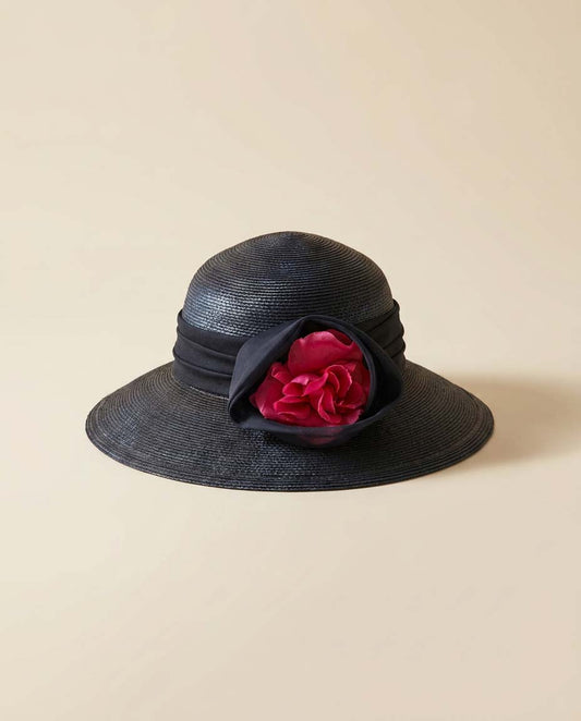 Vintage Sylvia New York Navy Blue Wide Brim Hat | Rose Trim Derby Hat | Elegant Garden Party Hat | Mother of the Bride Hat