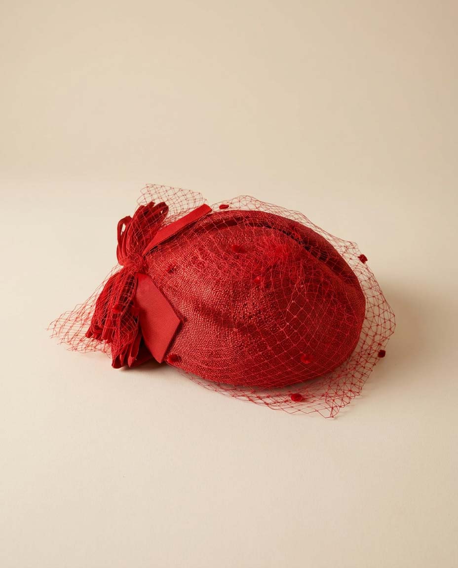 Vintage Red Veiled Cocktail Hat | 1950s Inspired Sinamay Fascinator | Cherry Red Birdcage Veil Hat | Kentucky Derby Hat | Wedding Guest Millinery