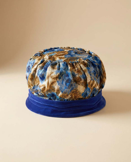 Vintage 1960s Blue & Gold Brocade Pillbox Hat | Metallic Floral Lamé Hat | Mod Cocktail Hat | Evening Occasion Hat | Royal Blue Millinery