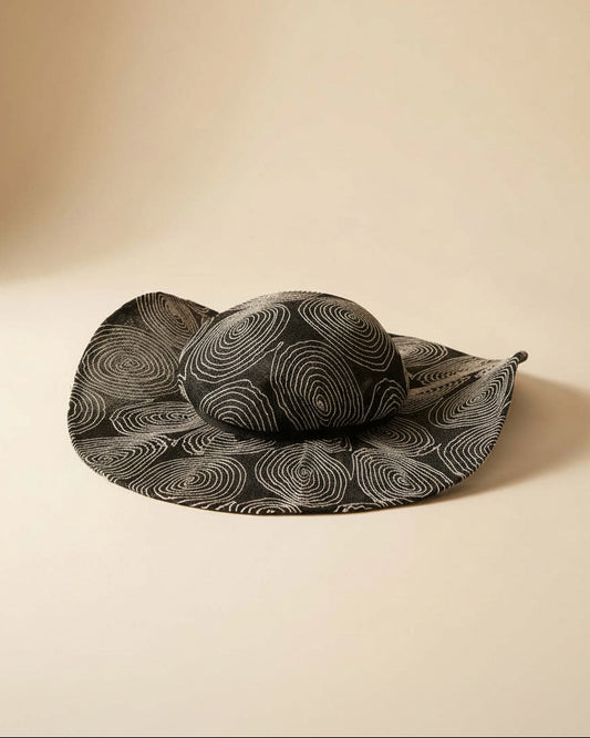 Vintage Black & White Abstract Wide Brim Sun Hat | Sculptural Embroidered Sinamay Hat | Avant Garde Resort Hat | Modern Art Statement Hat