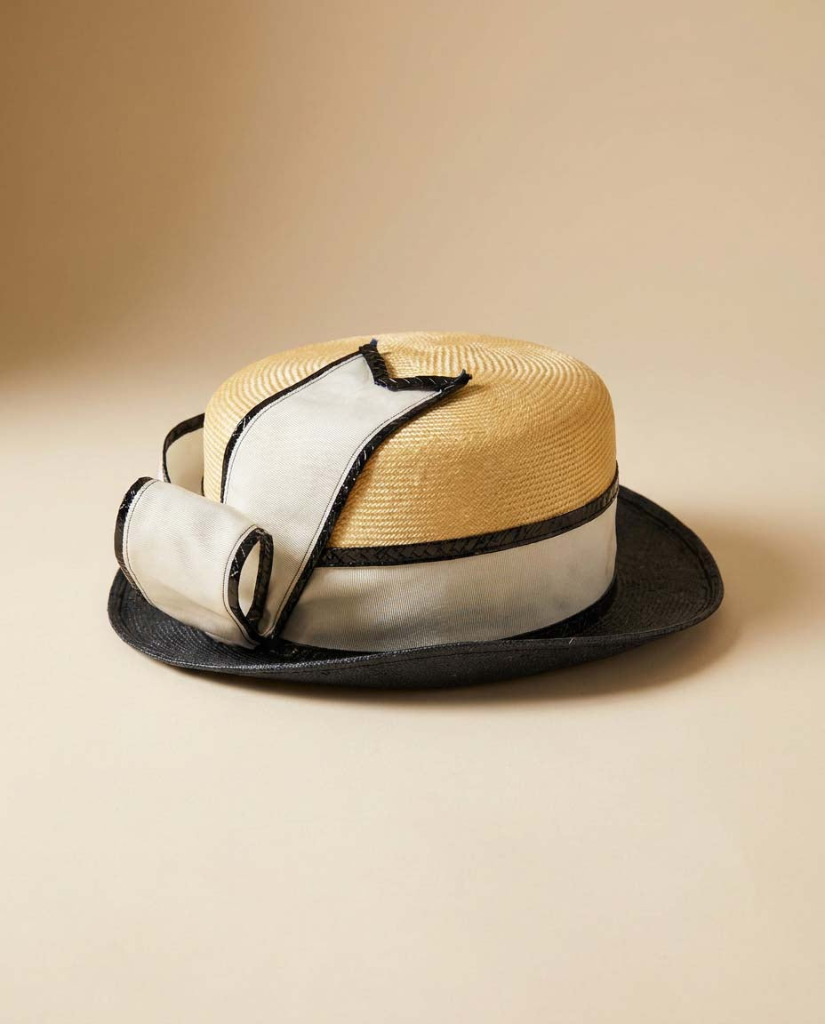 Vintage Adolfo II Paris Straw Boater Hat | Black & Ivory Ribbon Statement Hat | Designer Wide Brim Summer Millinery