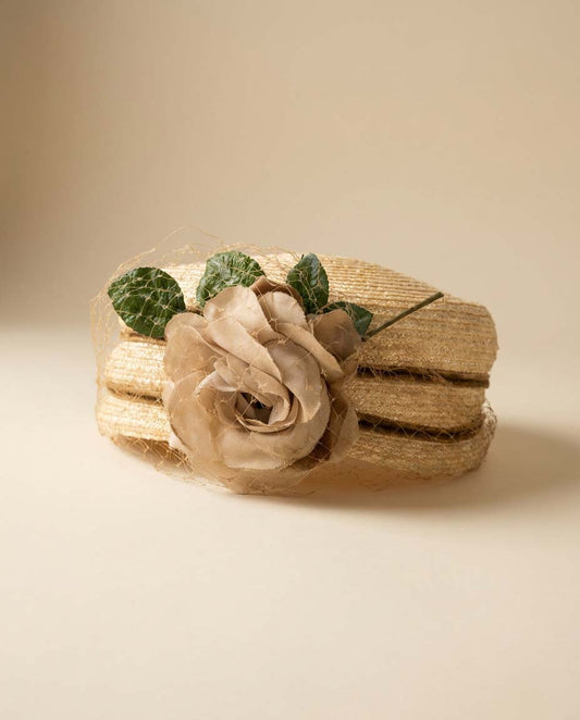 Vintage 1960s Straw Pillbox Hat with Rose Corsage | Ivory Cream Floral Cocktail Hat | Wedding Hat | Garden Party Fascinator | Mid Century Millinery