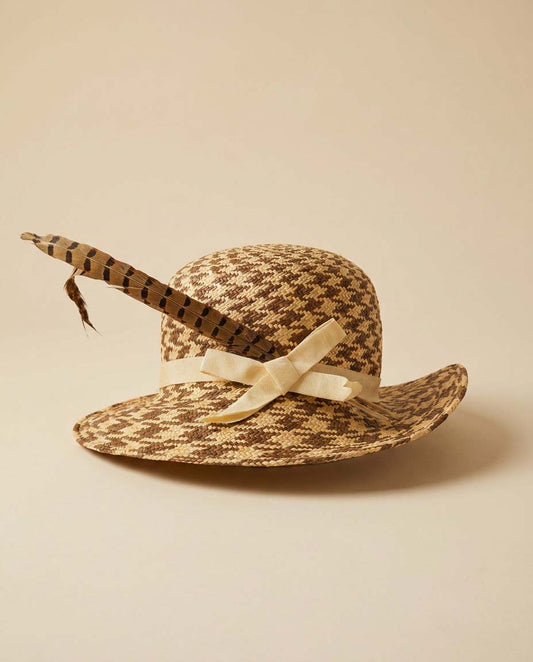 Vintage 1950s Frank Olive Straw Picture Hat | Two-Tone Woven Wide Brim Hat | Feather Trim Garden Party Derby Hat