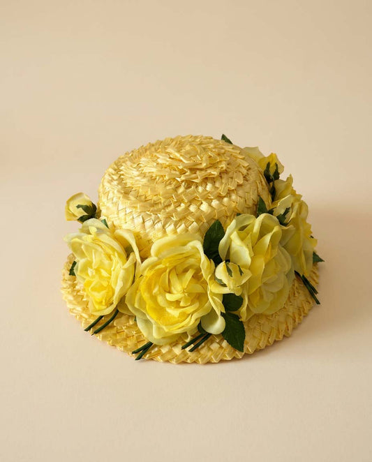 Vintage Amy New York Yellow Floral Straw Hat | 1960s Garden Party Hat | Yellow Rose Kentucky Derby Hat | Cottagecore Summer Millinery