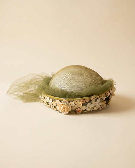 Vintage 1950s Floral Veiled Cocktail Hat | Olive Green Floral Fascinator | Spring Garden Half Hat | Rose &amp; Blossom Millinery | Romantic Wedding Guest Hat