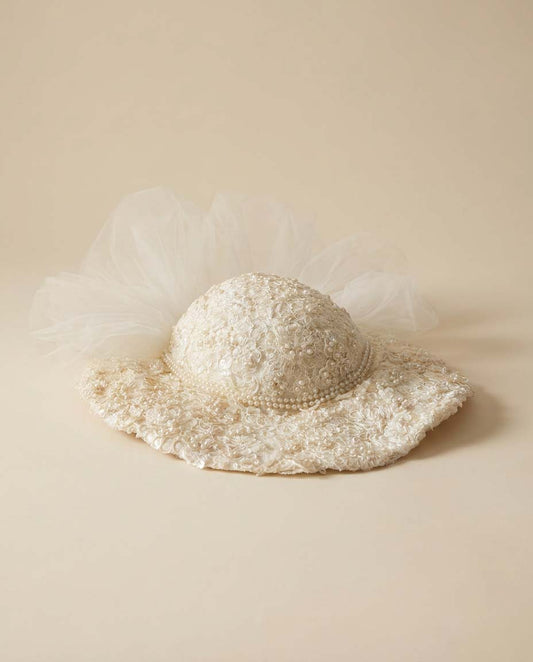 Vintage Bridal Lace Hat | Ivory Beaded Wedding Hat with Tulle Bow | 1980s Bridal Millinery | Pearl Embellished Lace Hat | Romantic Cottagecore Bride