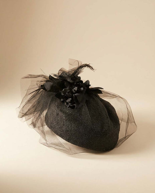 Vintage Black Veiled Cocktail Hat | Mid Century Straw Pillbox Fascinator | Floral Tulle Hat | Funeral Hat | Elegant Gothic Millinery