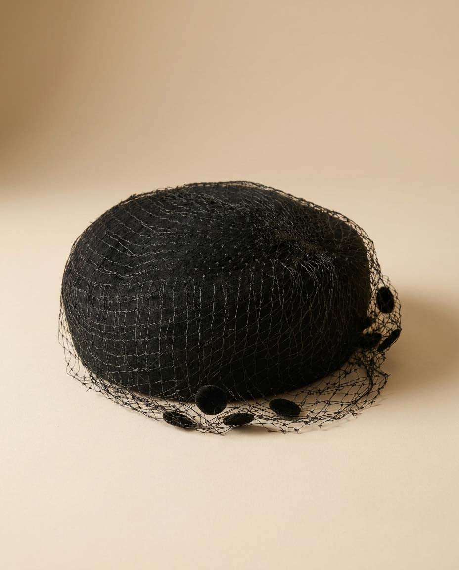 Vintage Glenover Black Veiled Pillbox Hat | 1950s Wool Felt Cocktail Hat | Pom Pom Veil Fascinator | Audrey Hepburn Style Millinery