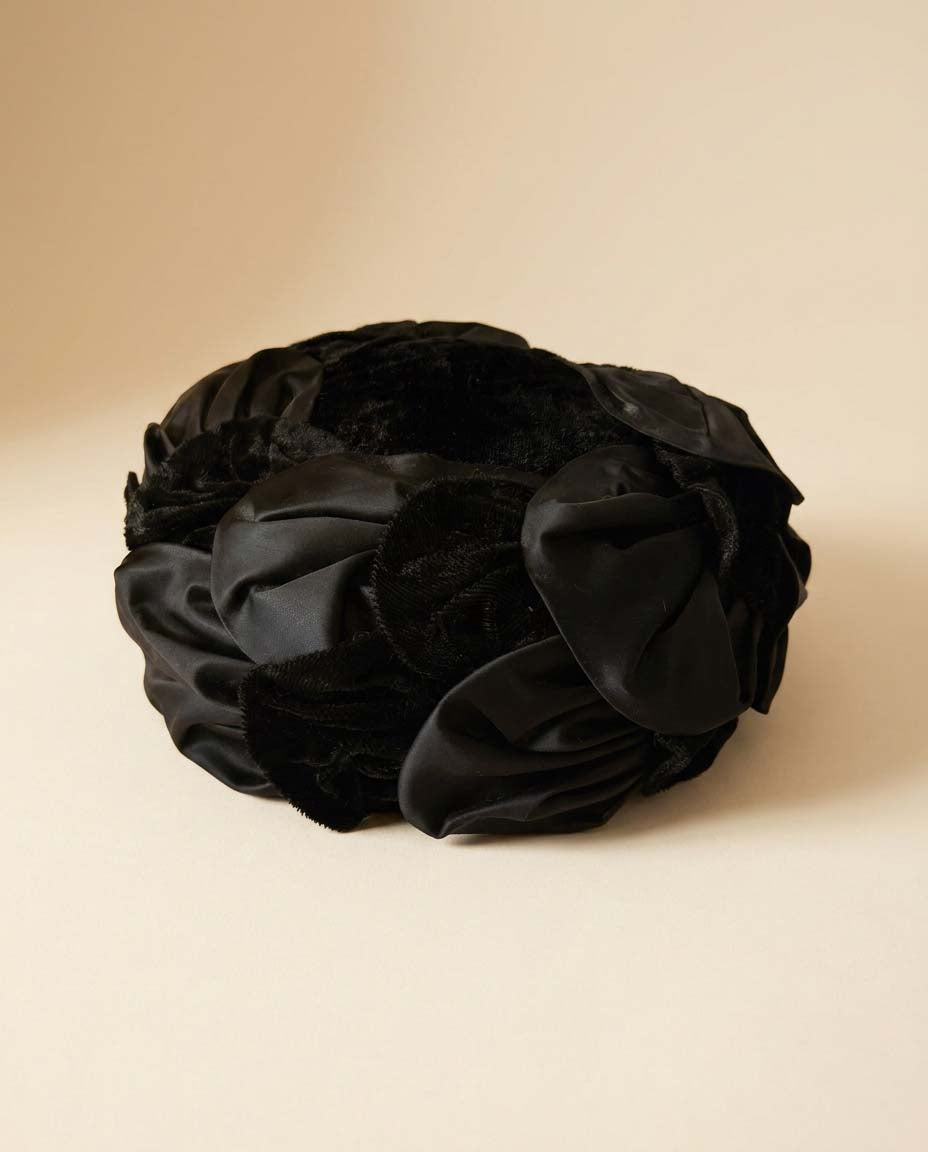 Vintage Black Satin &amp; Velvet Floral Cocktail Hat | 1950s Evening Hat | Sculptural Rosette Hat | Elegant Vintage Millinery | Old Hollywood Style